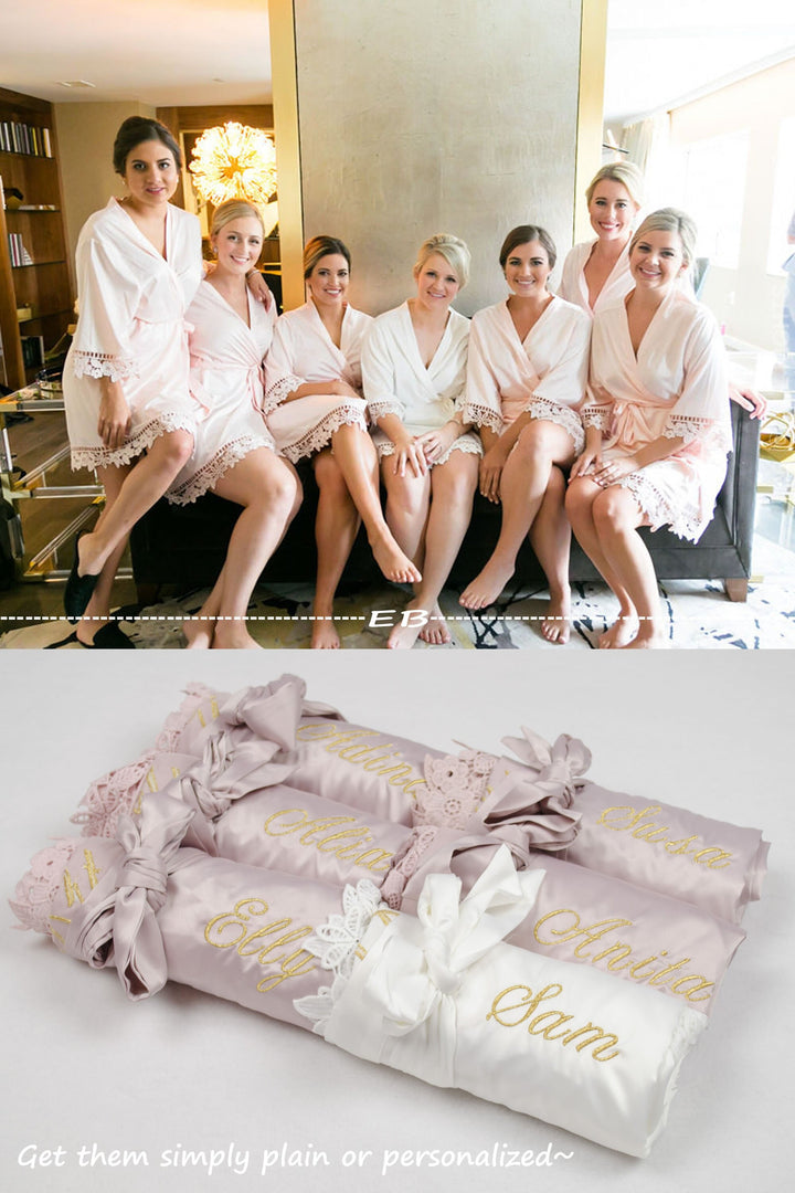 nude blush personalized robes for bridesmaid, solid satin lace flower girl robes, plus size, custom initial name, bride's babes, bachlorette