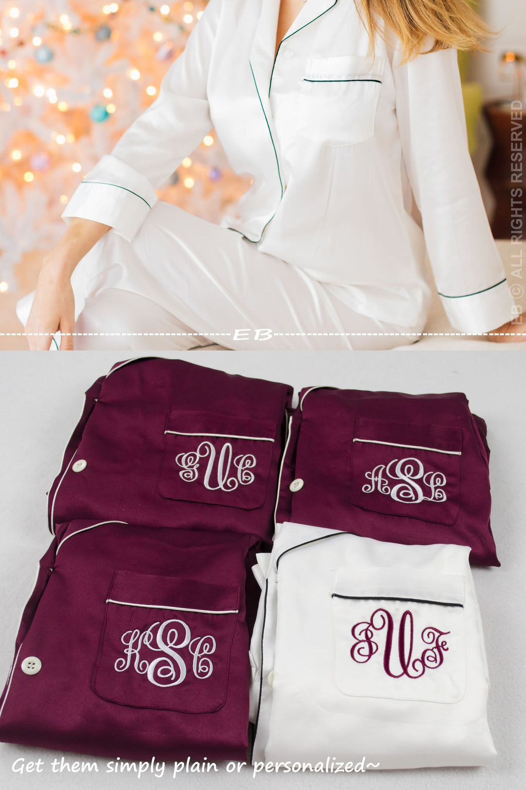 Burgundy Bridesmaid PJ set, Maroon pajama pants trouser, personalized button down shirt, monogrammed pjs, embroidered button down shirt