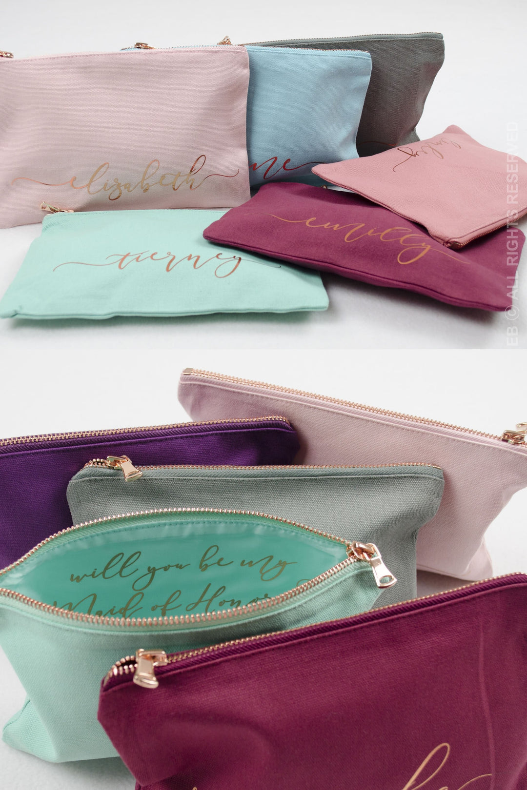 Silver, purple, cosmetic bag for bridesmaid, bachelorette pouch, aqua blue, gray, personalized custom name bags, rose gold, gift for her
