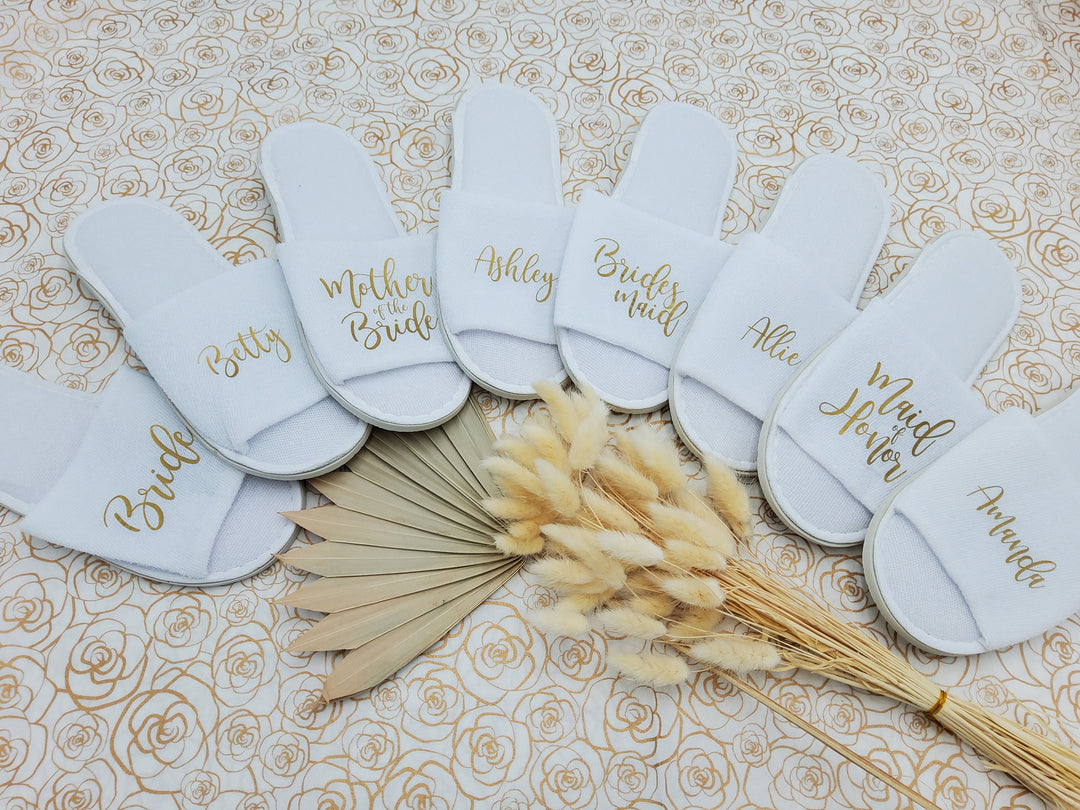 Personalized Bridesmaid Slippers, bachelorette party favor, getting ready day slippers, custom name, title slippers, bridal slipper